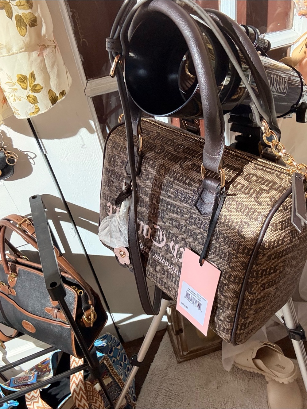 Juicy Couture Brown Monogram Barrel Satchel with Pink Tag